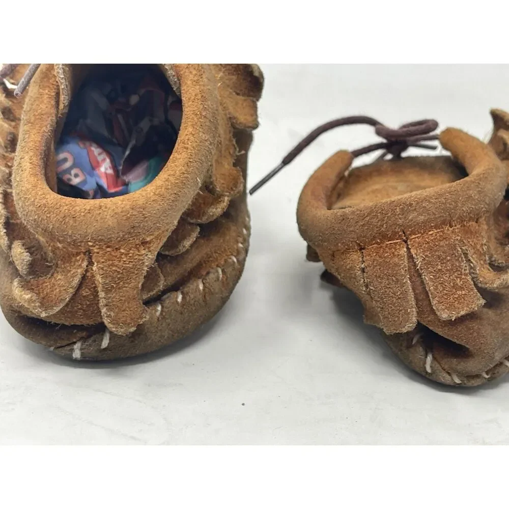 Vintage 80s Baby Kids Moccasins Leather Fringe Casual Shoes Size 2/3